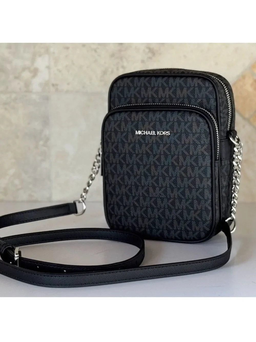 Michael Kors Black Monogram Jet Set Crossbody Bag